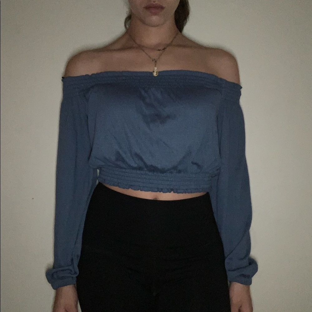 Blue off the shoulder frilly top